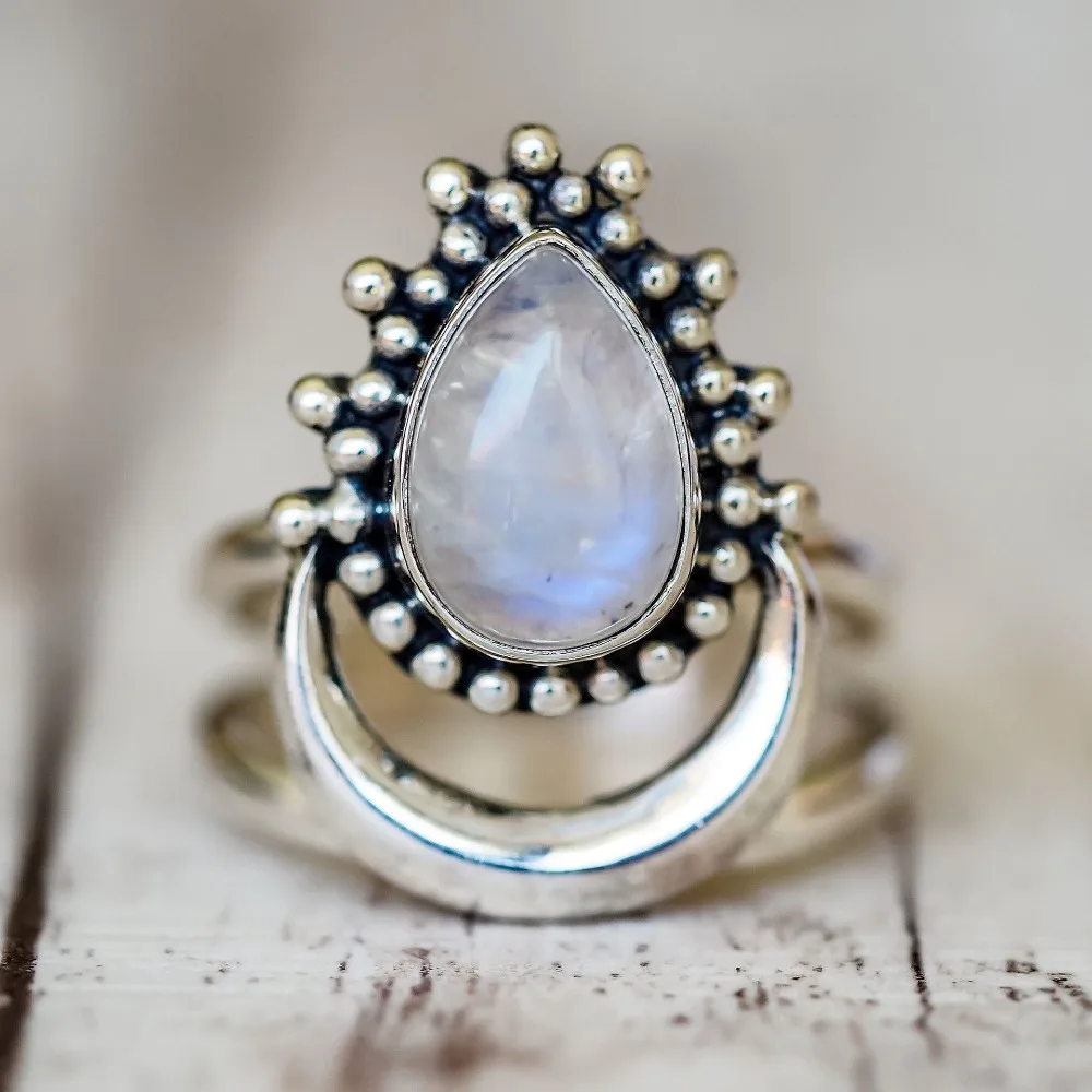 Винтажные кольца для женщин, античное тибетское серебряное кольцо с большим целебным кристаллом, индийские ювелирные изделия, кольцо с лунным камнем для девушек, подарки для девушек