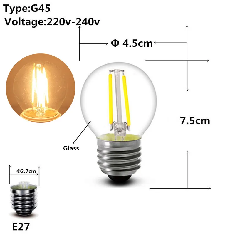 2w 4w 6w 8w E27 E14 прозрачный СВЕТОДИОДНЫЙ лампы A60 G45 C35 B10 220v AC Эдисон светодиодный нити пламени свечи лампы светильник 230 В переменного тока - Испускаемый цвет: G45 E27