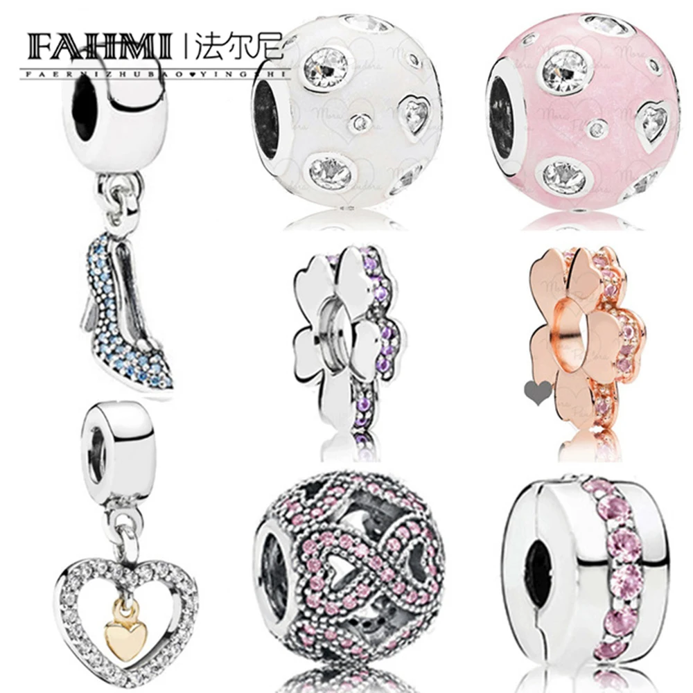 

FAHMI 100% 925 Sterling Silver Fashion New Bubble Beaded Pink Daisies Rose Gold Isolation Bead Pink Zircon Safety Clip DIY Brace
