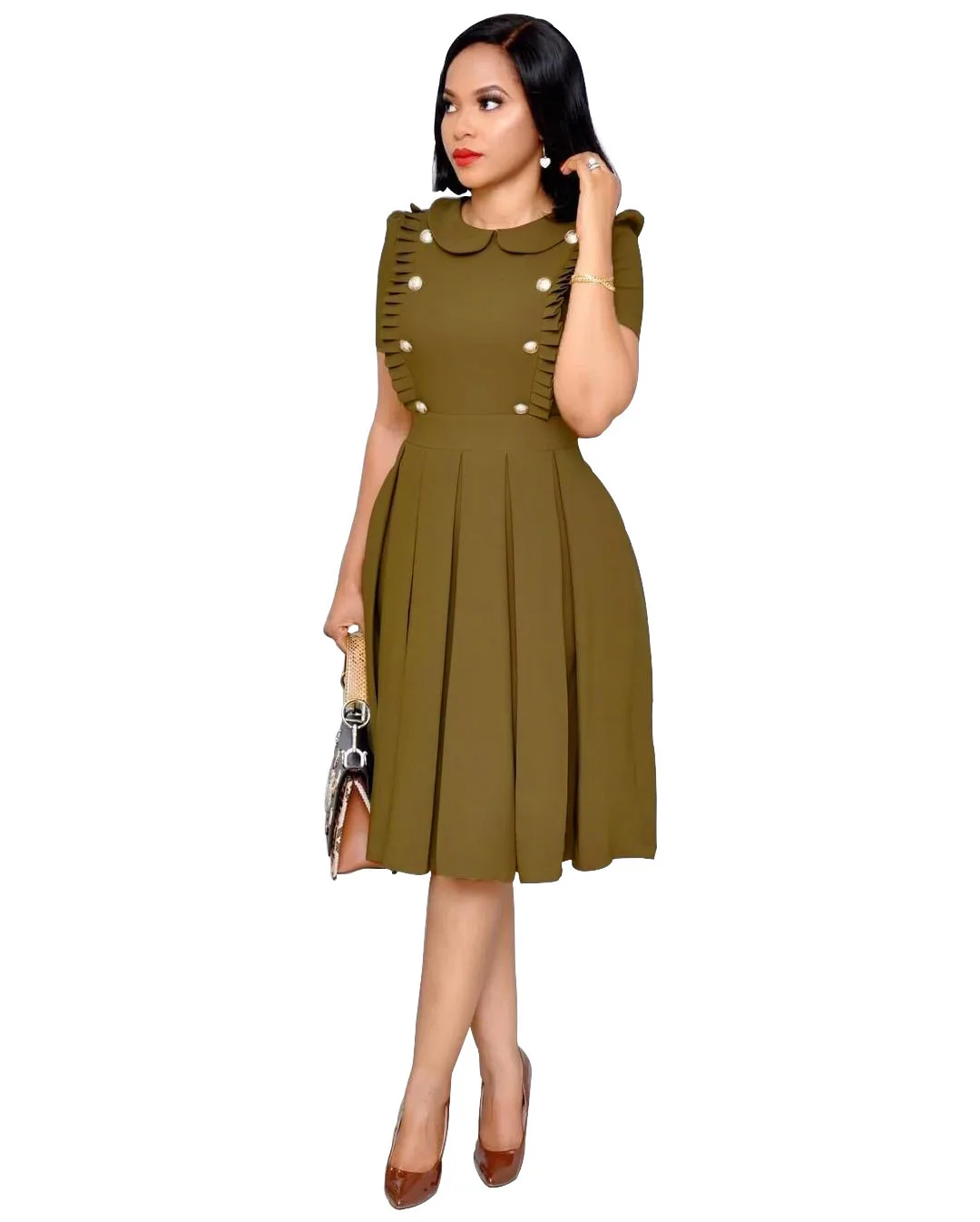 WY6540 Европейское и американское модное плиссированное платье с короткими рукавами и воротником в виде листа лотоса плиссированное платье 4 цвета S-2xl Размер