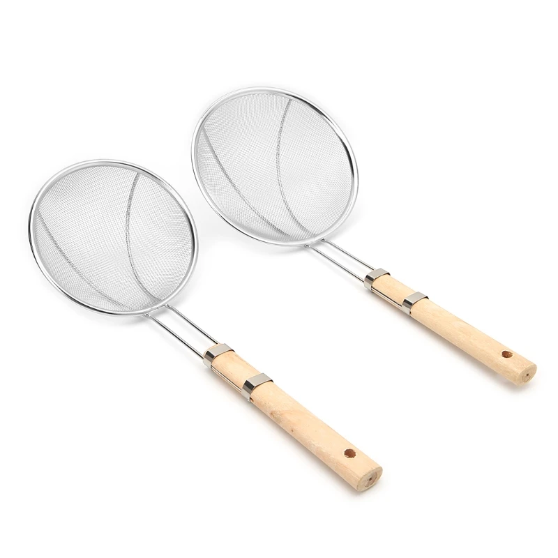 OOTDTY Pot Skimmer Stainless Steel Mesh Food Strainer Ladle Wood Handle