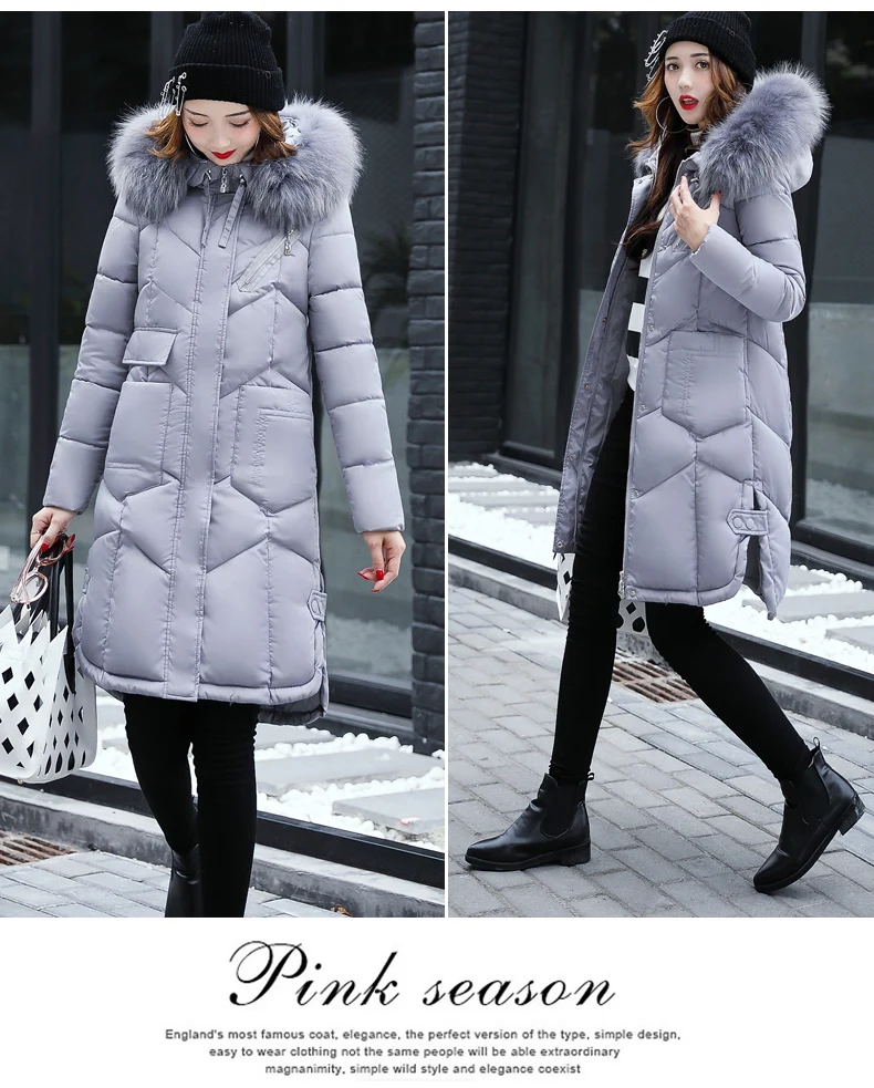 Модный пуховик новая зимняя утепленная куртка средней длины пальто с капюшоном и меховым воротником