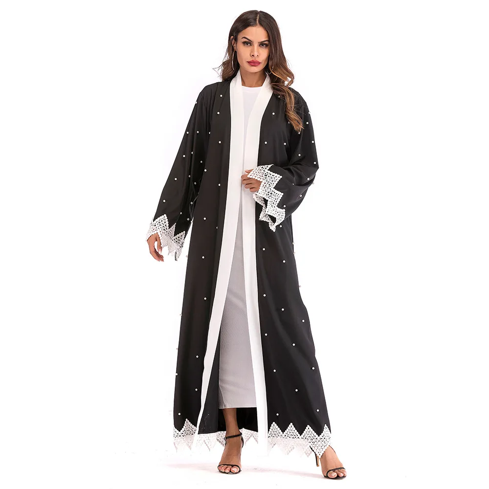 Турецкий платья для женщин черный вышивка бисер черный кардиган кружево Дубай абаи кимоно мусульманские Длинные платья плюс размеры Макси