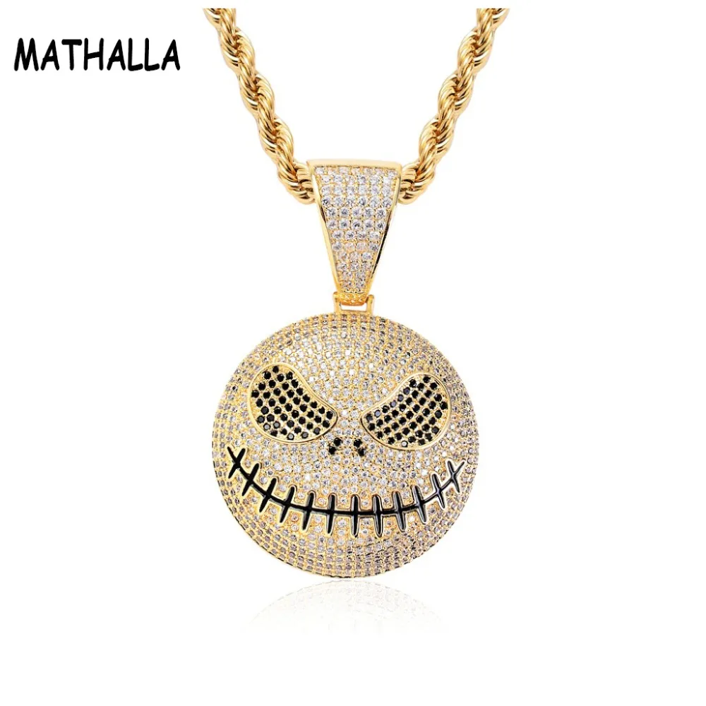 

MATHALLA Bling Iced Out Ghost Mask Pendant Necklace with Gold Silver Colors Cubic Zircon Hip-hop Jewelry For Halloween Gift