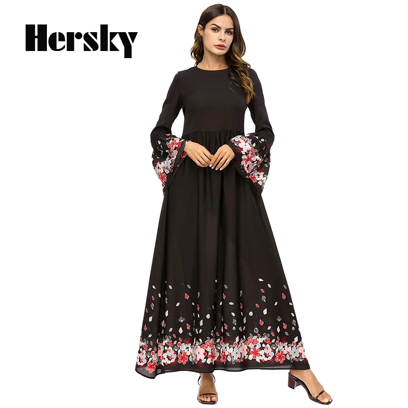 

Adult Muslim Women Trumpet Sleeve Black Dress Middle East Dubai Abaya Kaftan Islamic Lady Digital Printed Long Dresses Clothing