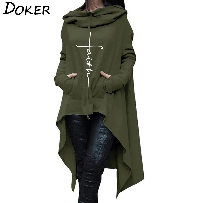 2019 New Faith Letter Embroidered Long Hoodies Women Long Sleeve Irregular Hem Pocket Sweatshirt Fe