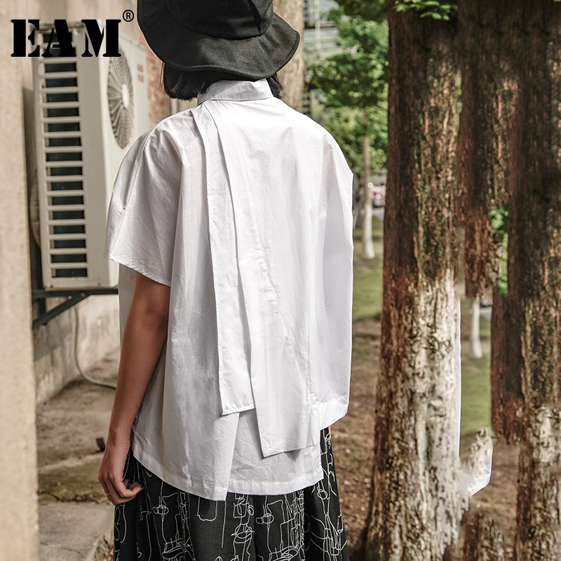 

[EAM] 2019 New Spring Summer Turn Down Collar Short Sleeve Button Brief Irregular Loose Shirt Women Blouse Fashion Tide JX753