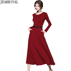 Для женщин черный, Красный Длинные зимние платье 2017, Новая мода Элегантный Повседневное длинный рукав o-образным вырезом праздничные