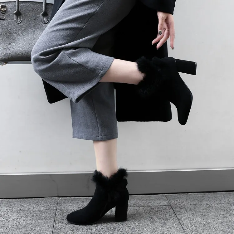 Womens Pointed Toe Booties Shoes Korean Bow Thick High Heel Large Size Fashion Ankle Boots Black Khaki Grey10