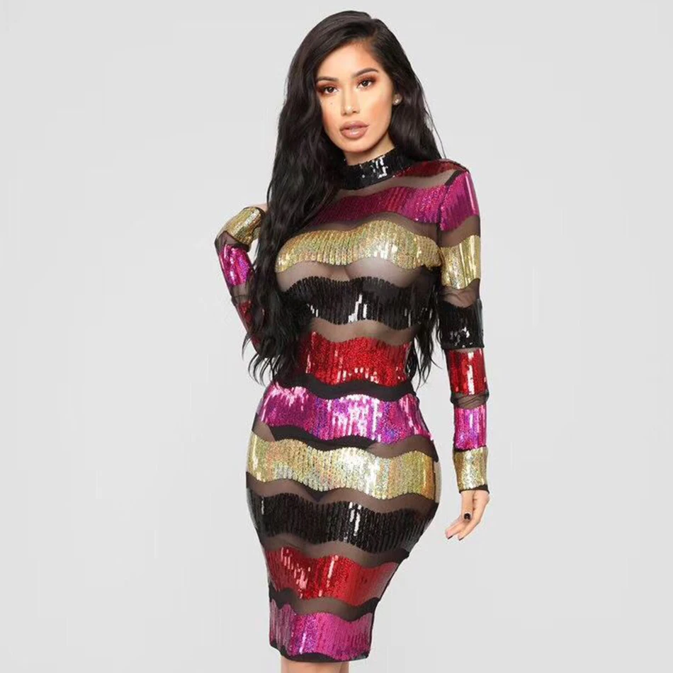 

Seamyla 2019 New Sexy Mesh Sequined Dress Women Long Sleeve Striped Bodycon Cocktail Vestidos Club Eevning Party Dresses Summer