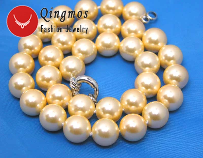 Qingmos Blue Sea Shell Жемчужное ожерелье для женщин с 14 мм высокий блеск круглый жемчуг в оправке 1" Чокеры ювелирные изделия los256 - Окраска металла: Pink