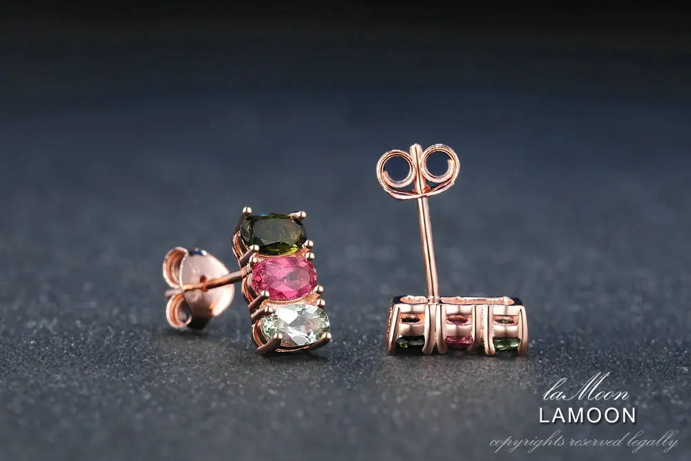 LAMOON Классические натуральные разноцветные овальные турмалиновые 925 пробы серебряные ювелирные изделия S925 серьги-гвоздики LMEI035