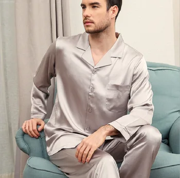 

Silk Stain Pajamas Set Men Red Long Sleeve Spring Summer 2019 Man Silk Homewear Two Piece Pants Sets Male Sleepwear Clothing