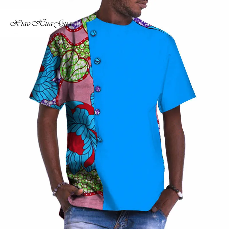 Bazin Riche африканская мужская одежда хлопок печать Лоскутная Кнопка Топ тройники африканская одежда Дашики Мужская Топ Футболка WYN535 - Цвет: 8