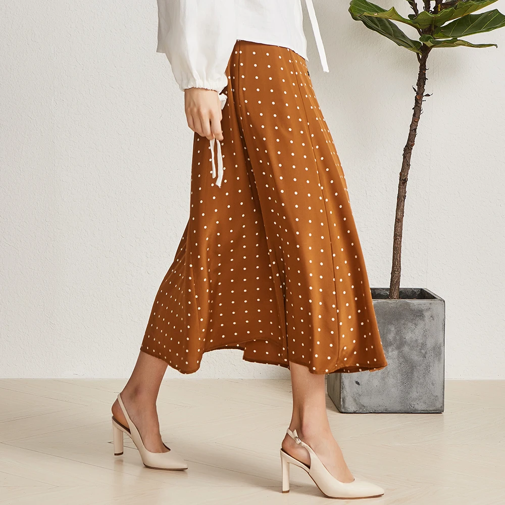 

Retro Caramel Color Wave Point 16 Mimi Silk Double Thin A Line High Waist midi skirt