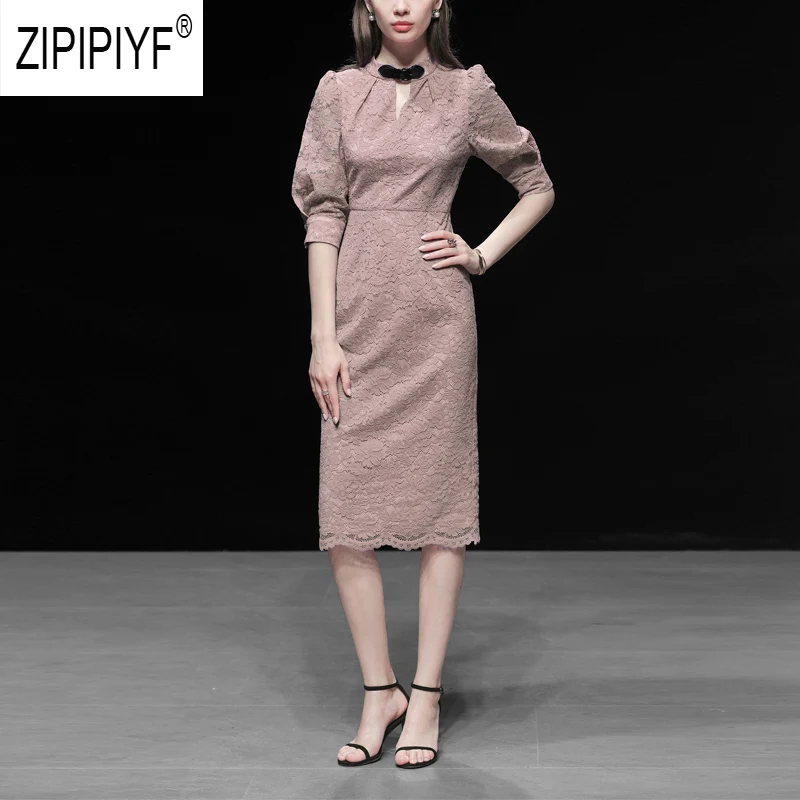 

Elegant Fashion Women Summer Dresses Hollow Out Bow Design Half Sleeve Bodycon Lace Dresses Casual Solid Color Dresses Z1088