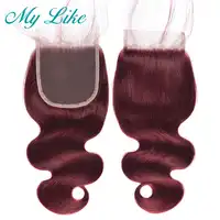My Like 99j Red Burgundy Indian Body Wave Closure Nonremy Hair Extension Human Hair Top Lace Closure 4x4 Free Part Bleached Knot