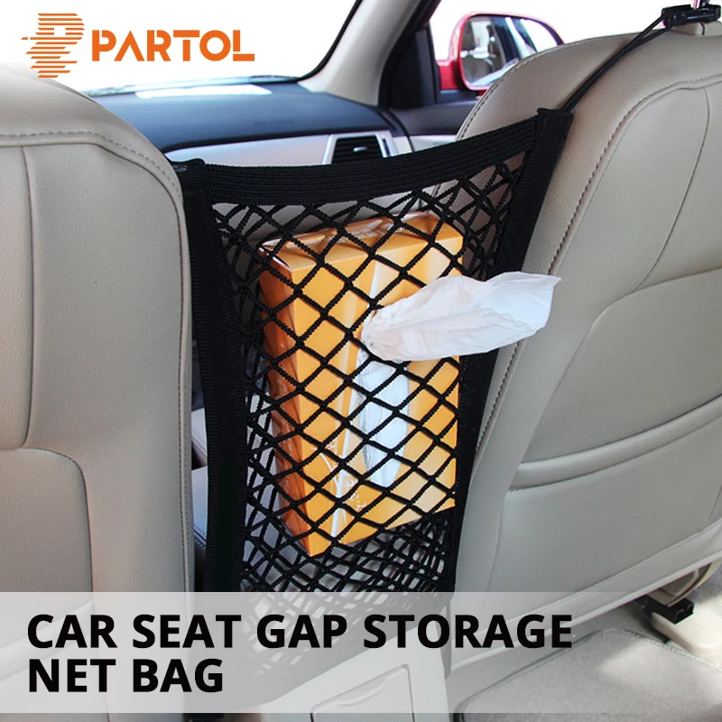 

Partol Universal Car Seat Storage Net Organize Bag for Drinks/Tissue Automobile Black Color Elasticity Mesh Bag Between Car Seat