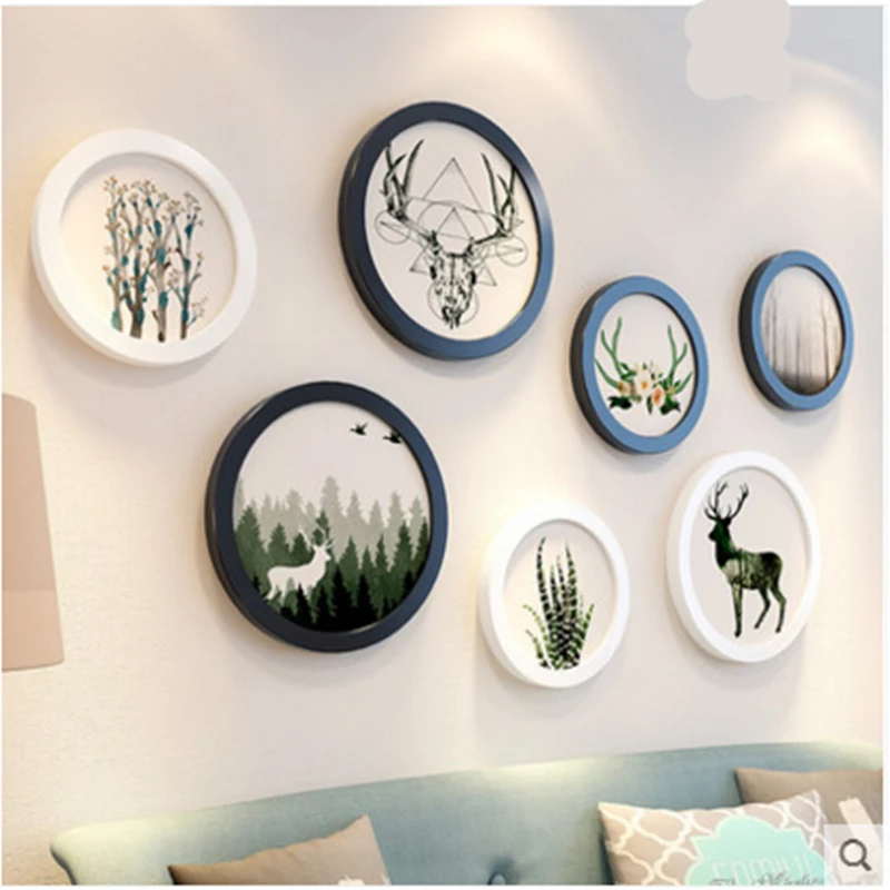 7pcs Nordic style round Wall Photo Frames Combination Set Wooden living