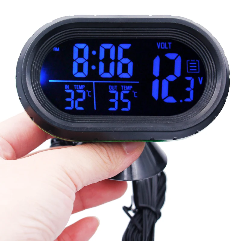Многофункциональный цифровой автомобильный термометр 12-24 В, автомобильный вольтметр, измеритель напряжения батареи, тестер, будильник с подсветкой 15