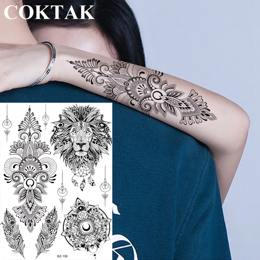 India Henna Mandala Flower Black Custom Lion Temporary Tattoo Stickers Totem Feather Women Fake Tatoos Lace Girls Body Arm Tato