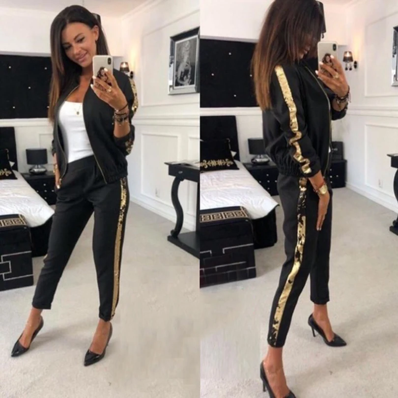 

Cotton Sequined Two Piece Outfits Zippers Jacket and Long Pants Set Sequin 2 Pcs Set Tracksuit Women Casual Sport Wear