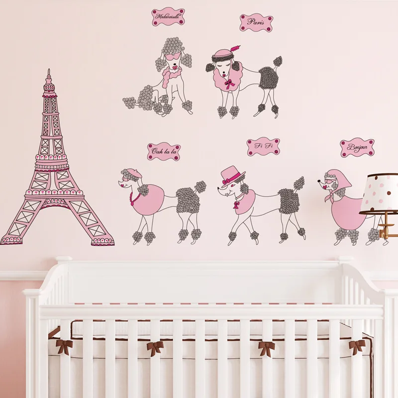 Romantic Paris Tower Wall Stickers Decals Living Room Bedroom Decoration Pink Dogs Flower Wedding | Дом и сад