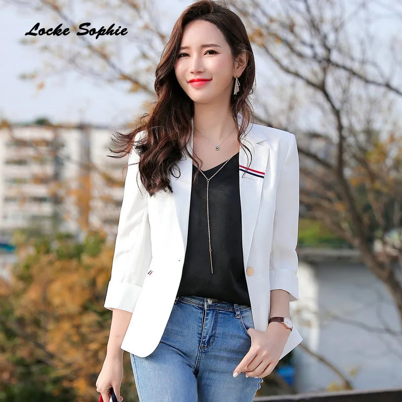 

1pcs Women's Plus size Blazers coats 2019 Summer cotton blend Splicing stripe Small Suits jackets ladies Skinny Blazers Suits