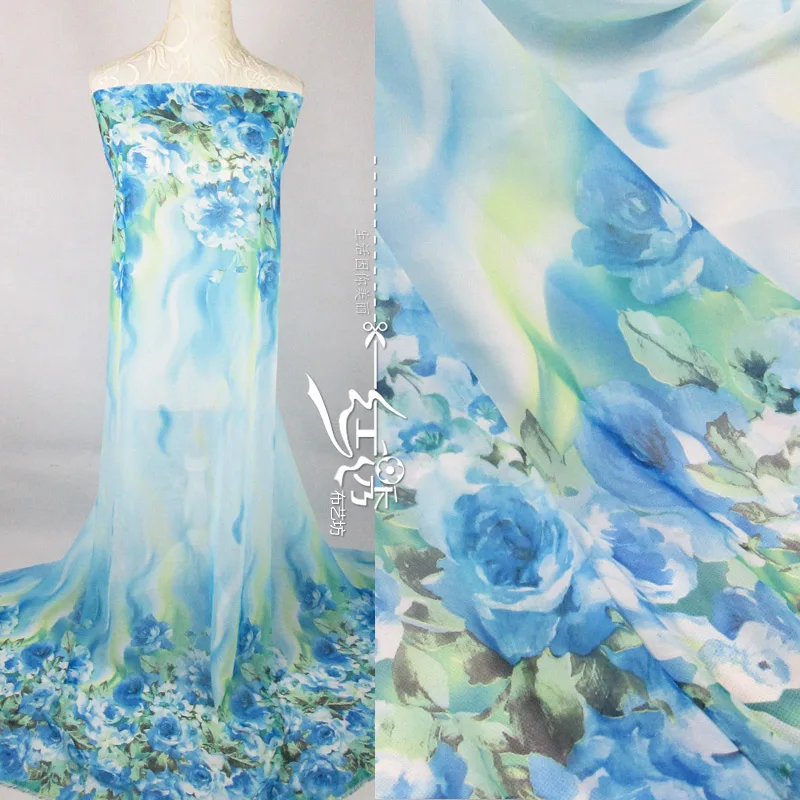 

Bilateral positioning chiffon fabric printing fabric Georgette dress costume Hanfu neon blue flower