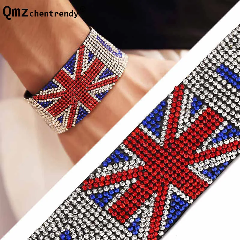

Popular Jewelry Nightclub Singer USA UK Flag Hot Fix Shiny Crystal Rhinestone Men Bracelets Hip Hop Bangle Women Cuff Wristband