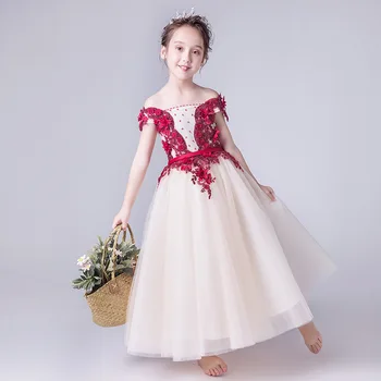 

Fashion Red Beading Appliqued Long Flower Girl Dresses Lace First Communion Dresses Girls Pageant Dress Kids Prom Dress