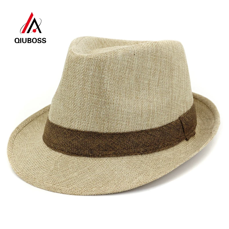 

QIUBOSS Stingy Brim Cotton Blends British Style Jazz Hat Men Women Spring Summer Fedoras Gangster Cap with Ribbon Beach Sunhat