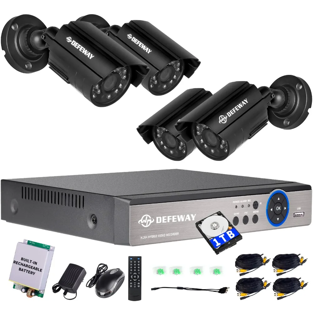

DEFEWAY 4CH 720P Output DVR Waterproof 1200TVL Night Vision Camera CCTV System Surveillance Kits 1TB With Emergency Battery