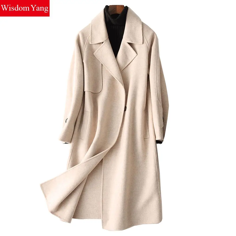 

Elegant Gray Beige Coats Wool Womens Winter Warm Female Xlong Overcoat Single Button Woolen Woman Coat Office Slim Outerwear