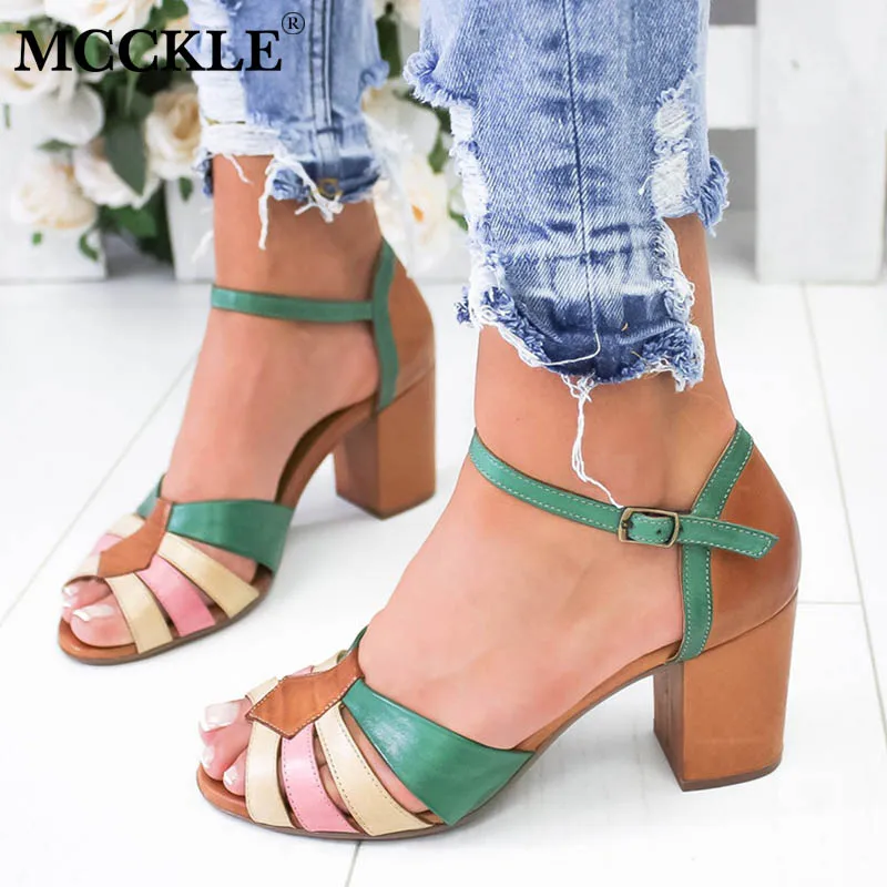 

Summer Sandals Women Ankle Buckle High Heels Sexy Female Peep Toe Fashion Sandalias Mixed Color Ladies Shoes Plus Size