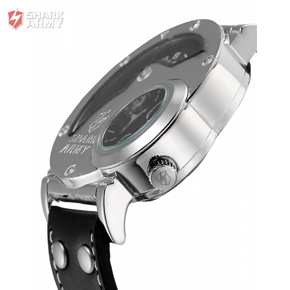 SHARK ARMY Stainless Steel Big Size Dual Time Black Leather Strap Quartz Relogio Masculino Men's Sport Military Watches /SAW053