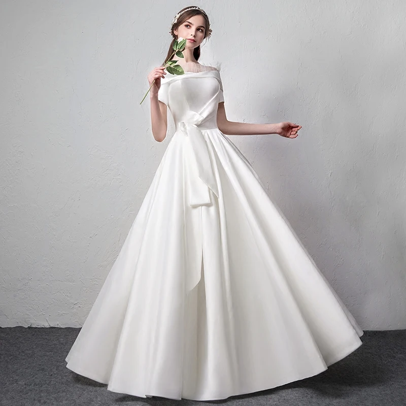 Элегантное атласное с вырезом лодочкой Vestidos De Novia плиссированное свадебное