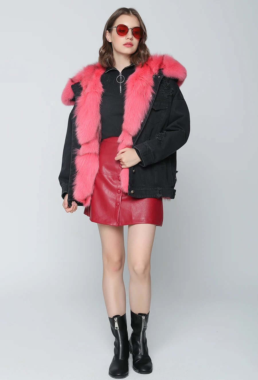 Новая осенне-зимняя куртка, пальто, женская джинсовая куртка с дырками, настоящий большой воротник из меха енота, с капюшоном, натуральный Лисий мех, толстая теплая подкладка