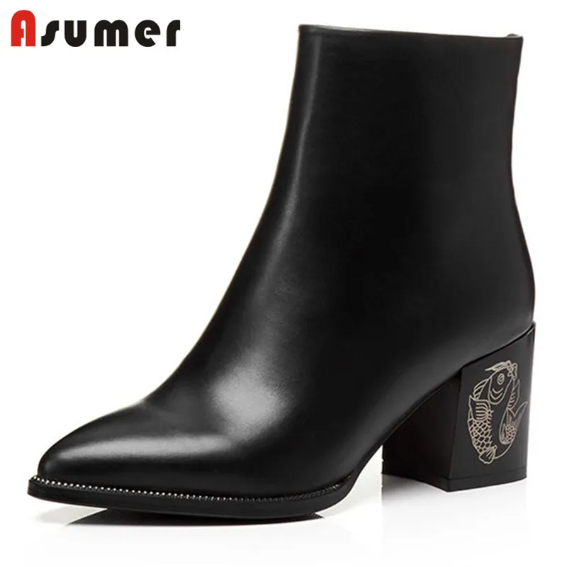 

ASUMER 2020 NEW ARRIVE thick heels ankle boots for women simple spring and autumn boots pointed toe black genuine leather boots
