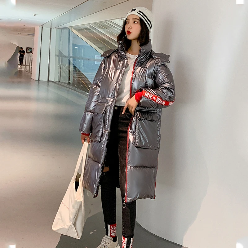 

2019 Metal Glossy Women Winter Letter Ribbons Jacket Winter Coat Women Long Down Parka Lady Hooded Parkas Warm Cotton Jackets