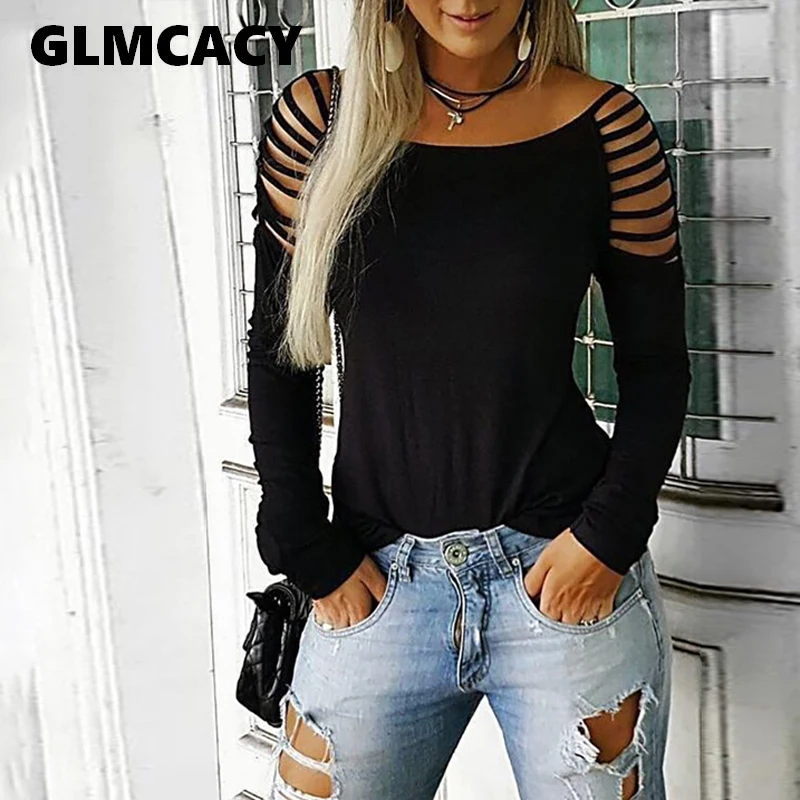 Comprare Donne Della Stampa Del Leopardo Nero T Shirt Scaletta Cut Out A Manica Lunga T Shirt Casual O Collo di Estate Tee Magliette e camicette