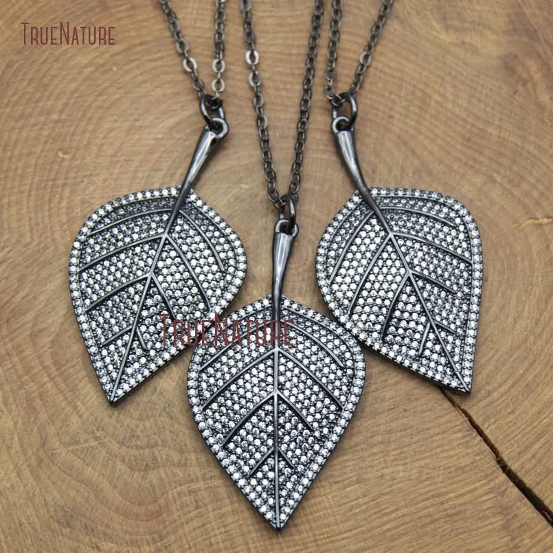 

Clear CZ Pave Handmade Leaf Charm Gunmetal Electroplated Color Long Chians Adjustable Size In 18 Inch NM10501