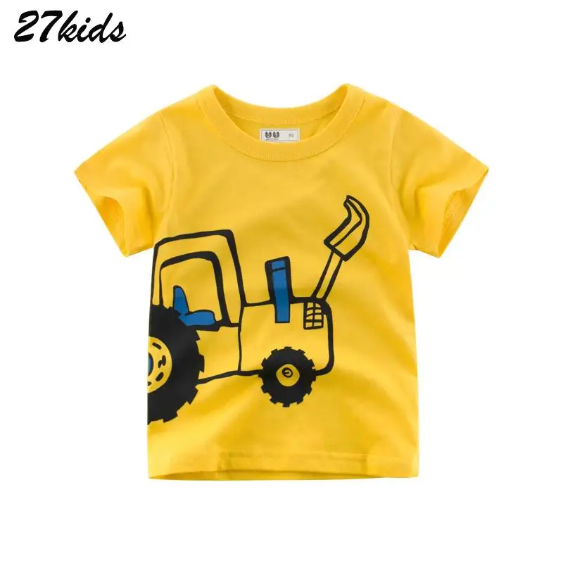 

27kids Excavator Print T-shirt with Sleeves Boys Tops Shorts T Shirts for Children's Shirt Big Kids Clothes Summer Clothing