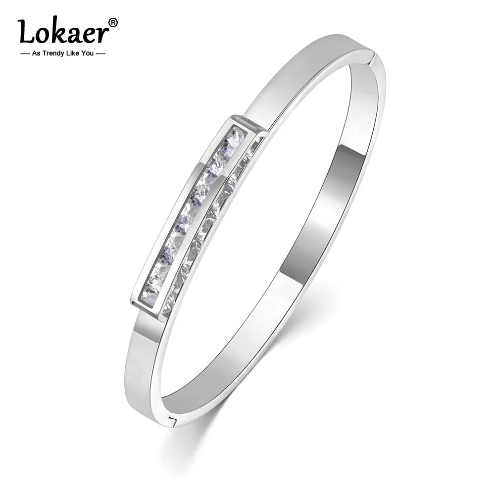 

Lokaer Ol Style AAA Cubic Zirconia Cuff Bangles & Bracelets Jewelry White Gold Stainless Steel Wedding Bangle For Women B19036