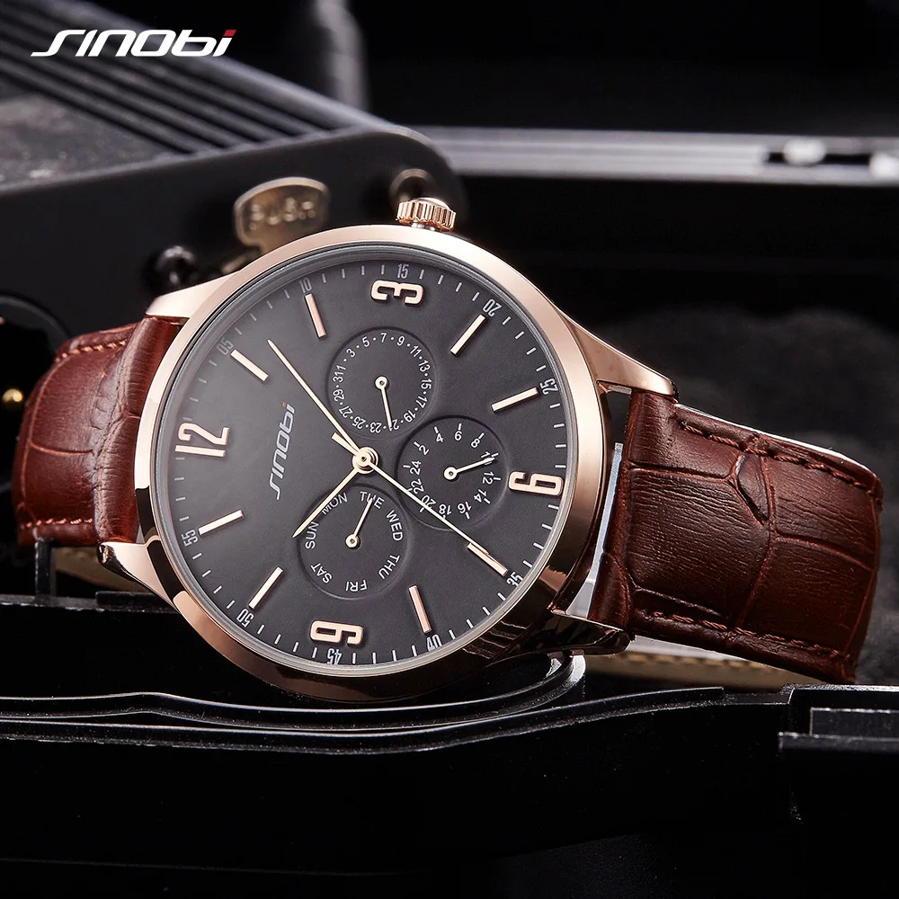 2018 New Arrival Men SINOBI Slim Point Quartz Watch Top Brand Watchband Sports Brown Leather Strap Wrist Watch Casual Masculino