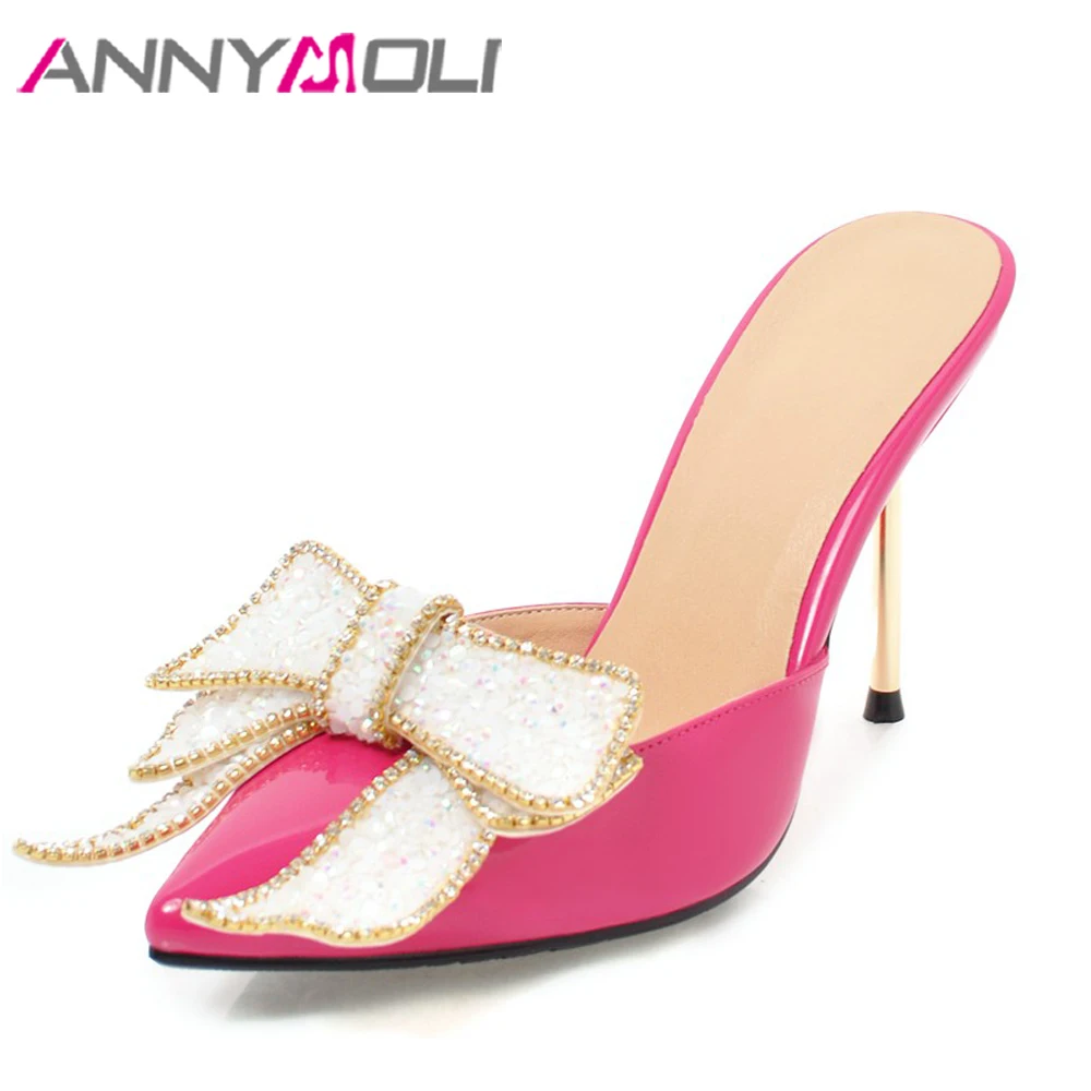 

ANNYMOLI Women Pumps High Heels Mules Shoes Bow Pointed Toe Rhinestone Party Shoes Stiletto Thin Heel Spring Red Big Size 33-43