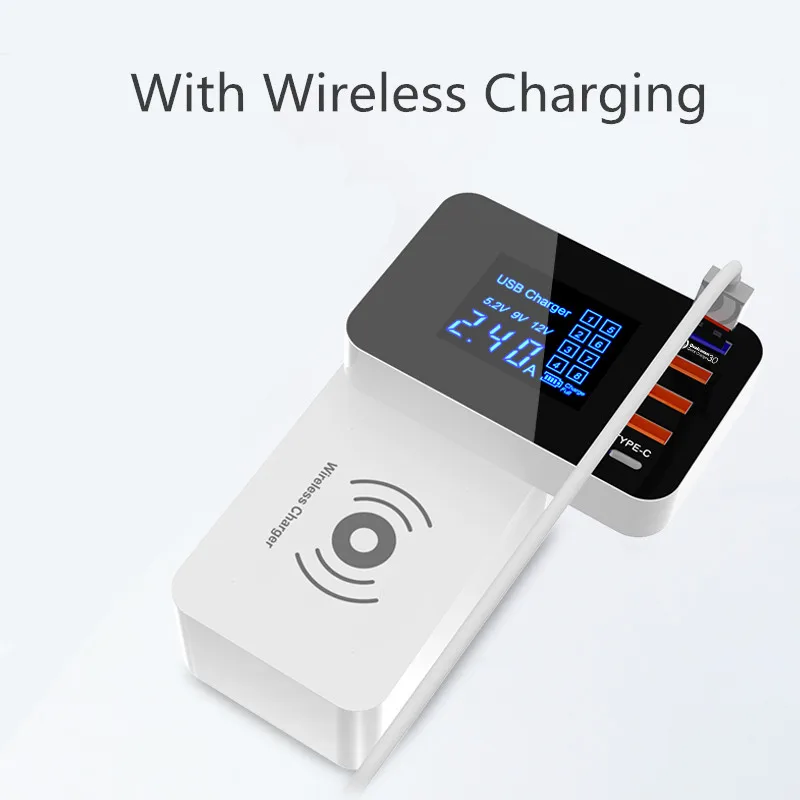 QI Беспроводное зарядное устройство Quick Charge 4,0 3,0 usb type C зарядное устройство со светодиодным дисплеем быстрое зарядное устройство для телефона USB адаптер настольная полоса - Тип штекера: With Wireless Charge