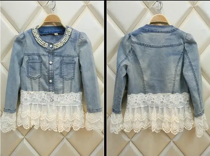 

Jeans Jacket Women Casacos Feminino Slim Lace Patchwork Beading Denim Lady Elegant Vintage Jackets Coat
