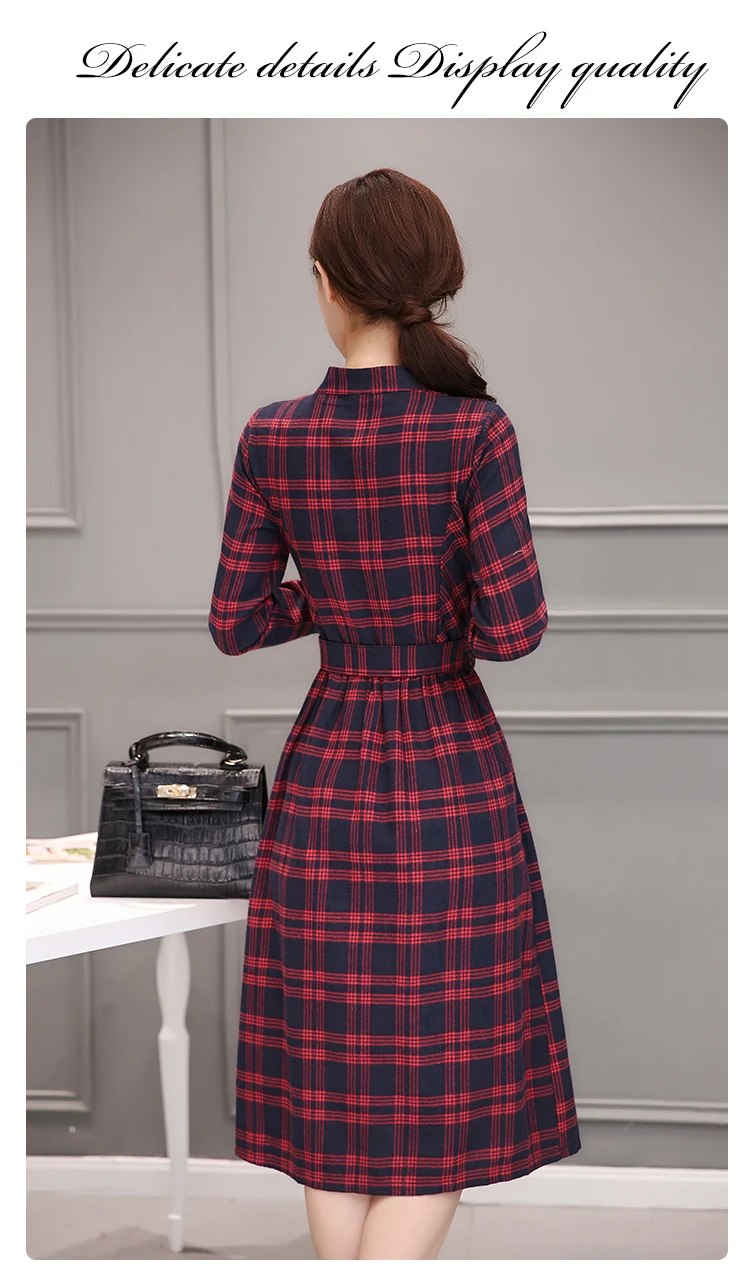Осень зима размера плюс красные клетчатые хлопковые миди платья женские ...