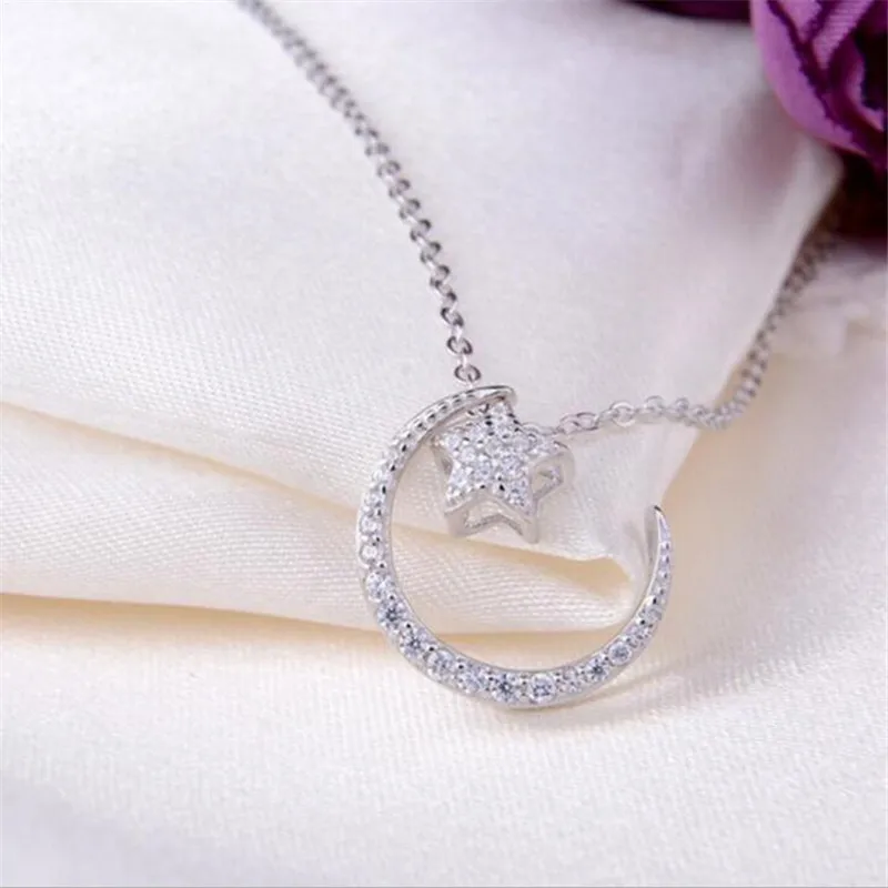 

LULU-PIG 925 pure silver necklace Korean version stars and moon simple clavicle chain lovely sweet pendant N0085